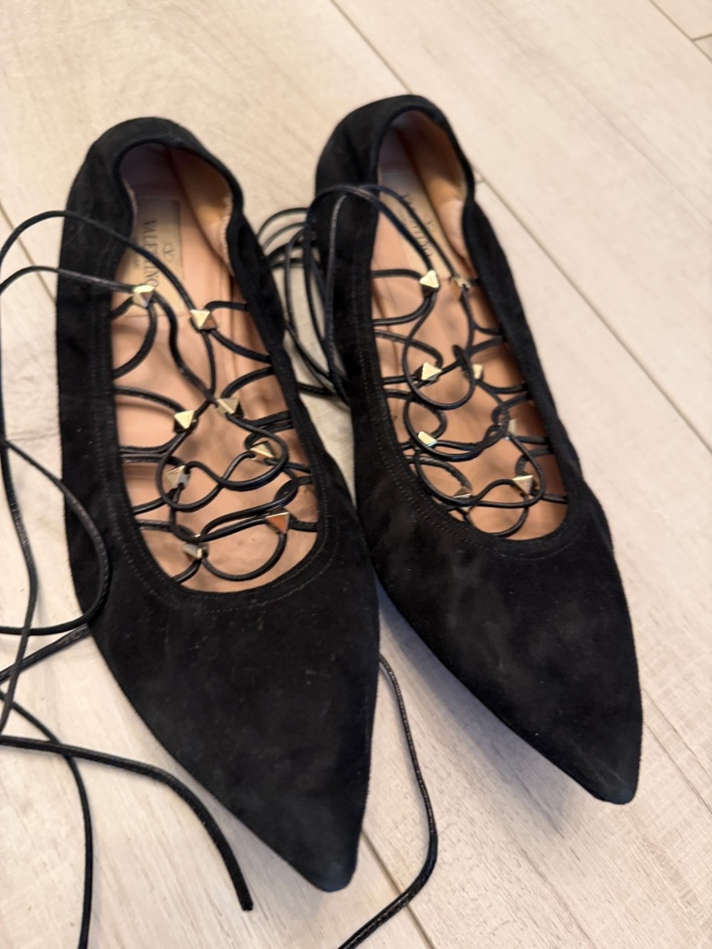 Valentino Black Pointed Lace-Up Flats